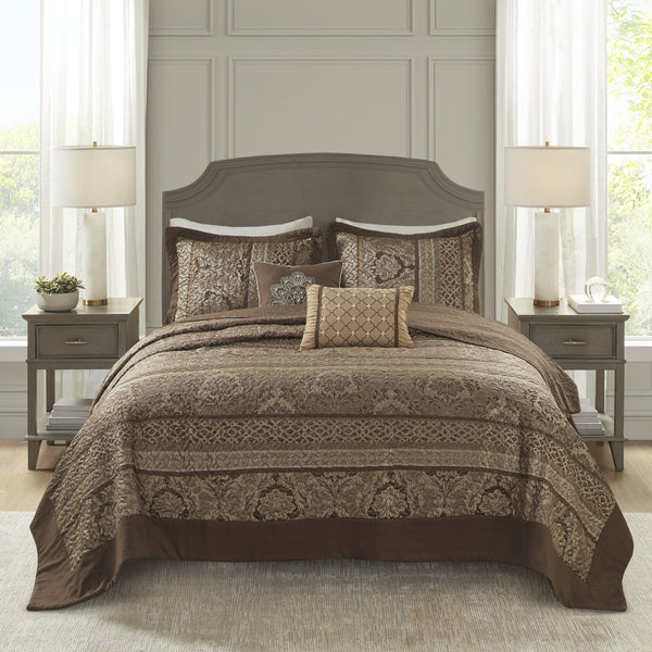 English Elm 5 Madison Park Bellagio Reversible Jacquard Bedspread Set Queen with Gold Accents, Quilted Luxury Bedding Brown+Gold 23.23 L x 17.72 W x 9.84 H B03597514