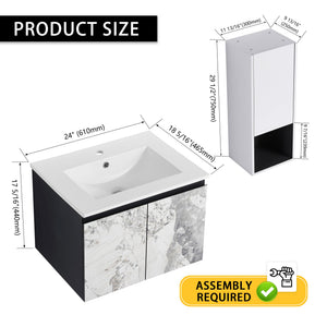 English Elm 24" Wall-Mounted Bathroom Vanity Set With Soft Close Doors, Ceramic Sink, And Side Cabinet Storage W999S00330