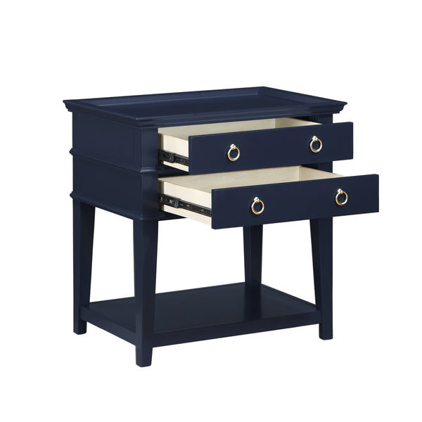 English Elm Carmona Midnight Blue Tray Top Nightstand with Two Drawers, Open Shelf, Brushed Gold Ring Pulls Dark Blue B050P376935