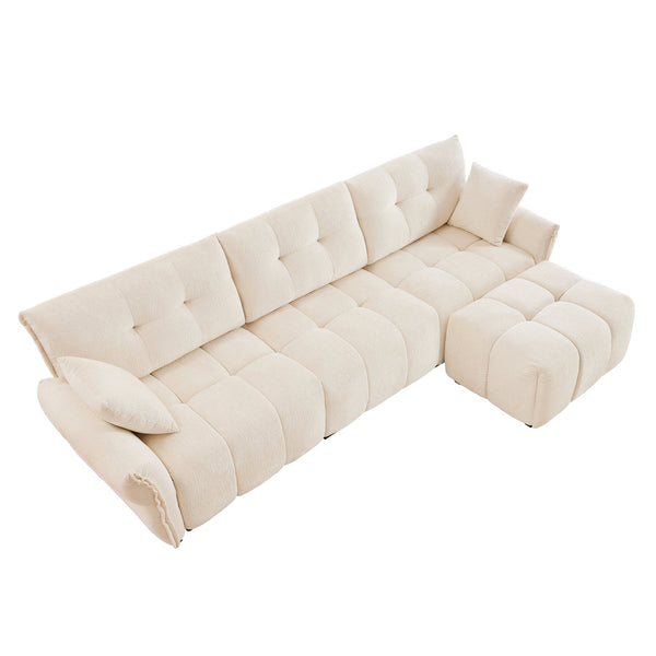 English Elm Three Seater Chenille Sofa with Ottoman Solid Wood Base Tufted Arms Living Room White W714S01653