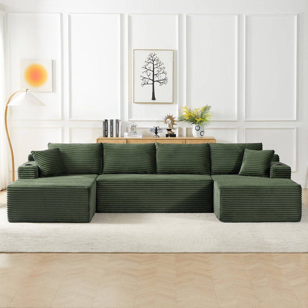 English Elm Compressible U-Shaped Sectional Sofa Set - Modular Green Corduroy Couch For Stylish Living Spaces W2339S00055