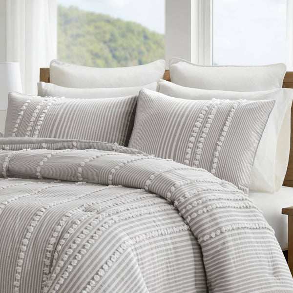 English Elm 3- Piece King Cotton Yarn Dyed Stripe Jacquard Pompom Comforter Set Oeko-tex Certified Grey B035P482891