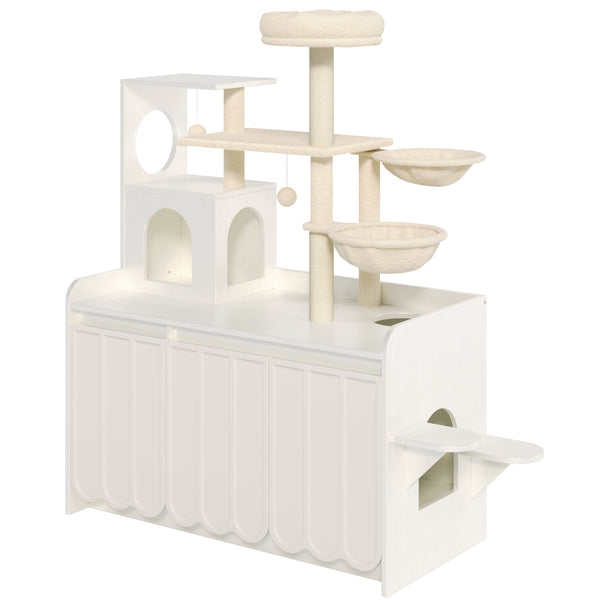 English Elm 50.6" Modern White Cat Tower with Litter Enclosure Sisal Posts Hammock and Perch N704P443505K