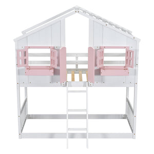 English Elm Twin House Bunk Bed with Roof, Window Box, Door, Guardrails & Ladder—Sturdy Pine Playful Design for Kids Pink+White W504S00151