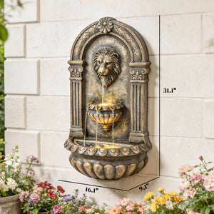 English Elm Outdoor Lion Head Wall Fountain Three Tier Cascading Resin with Led Ambiance T3971P476446