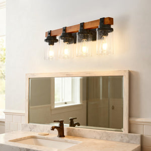 English Elm 4-light Matte Black Wood Accent Wall Sconce with Clear Glass Shades for Modern Homes W5008P388938