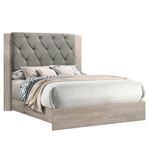 English Elm Contemporary Cream Finish Queen Bed With Gray Tufted Headboard - Stylish Rubberwood Frame Design B011P236790