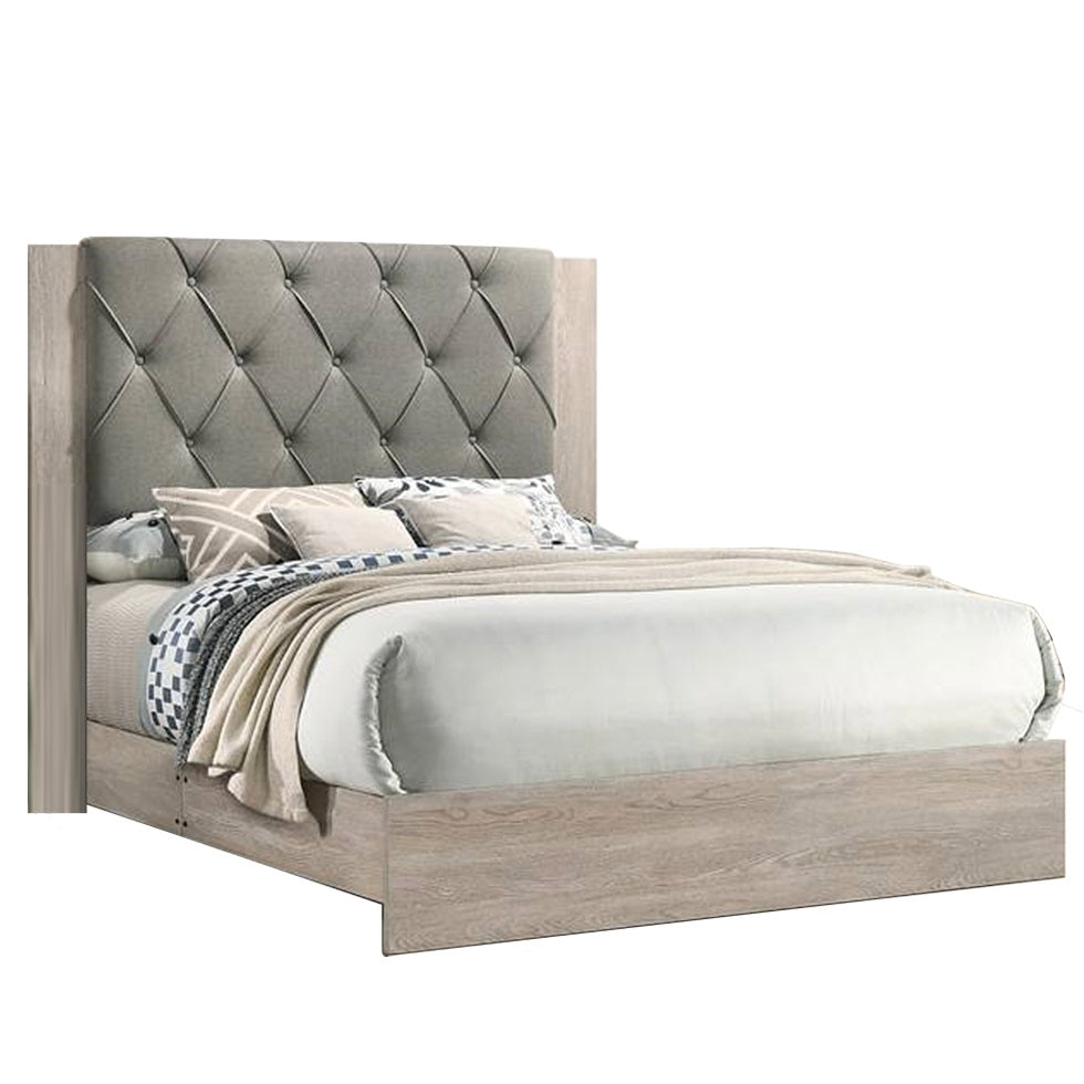 English Elm Contemporary Eastern King Bed With Cream Finish & Gray Tufted Headboard - Minimalist Chic Design B011P236792