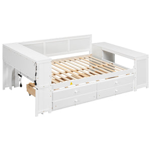 English Elm Full Size Pine Wood Platform Daybed with Led Headboard Desk Storage and Charging White N7090000475K-1