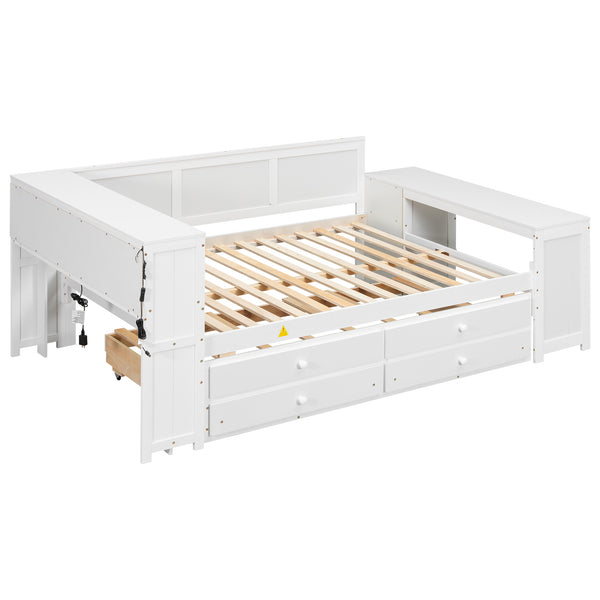 English Elm Full Size Pine Wood Platform Daybed with Led Headboard Desk Storage and Charging White N7090000475K-1