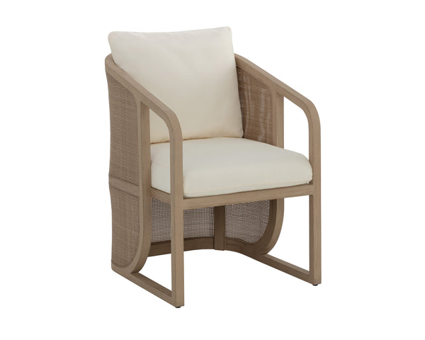 Sunpan Palermo Dining Chair - Elegant Outdoor Seating with Durable Teak Wood and Stylish Wicker Design Drift Brown / Stinson Cream