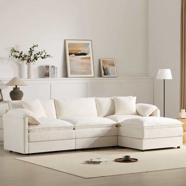 English Elm [video]103" Chenille L-shaped Sectional with Movable Ottoman Deep Seat Cloud Sofa White N723S0687W