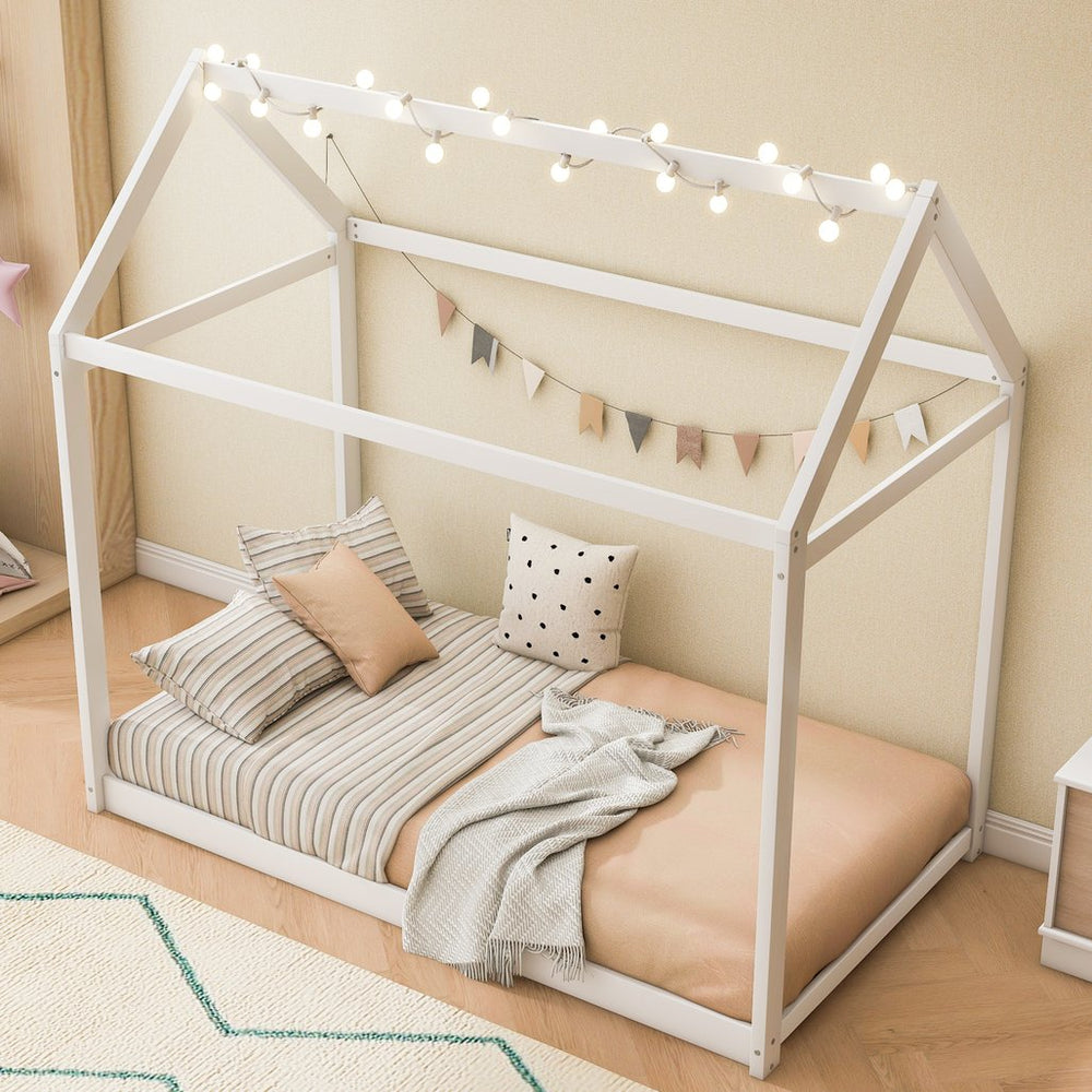 English Elm Twin House Bed Pine Wood Frame with Peaked Roofline Low Profile Kids Bedroom WF197557AAK