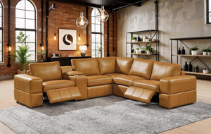 English Elm Premium Leather Match Sectional with Dual Recliners Cup Holders and Storage Console Ginger B2748S00151