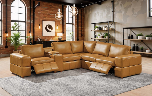 English Elm Premium Leather Match Sectional with Dual Recliners Cup Holders and Storage Console Ginger B2748S00151