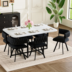 English Elm 7-piece Dining Set Tufted Velvet Chairs Melamine Table Modern Farmhouse Kitchen Black,White W3875S00118