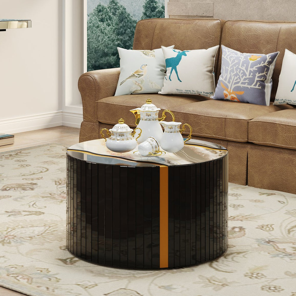 English Elm Black Round Mirrored Glass Coffee Table Gold Sunburst Glam Accent for Living Room Black W3836P382373