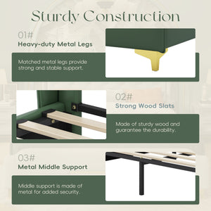 English Elm Christopher Knight Home® - King PU Leather Bed Frame with Wingback Headboard & Footboard, Gold Accents, Platform Slat Support, Elegant Design Green 77.5 L x 21 W x 5.25 H N761S0000012G