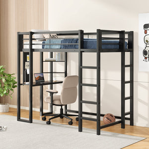 English Elm Loft Bed With Desk And Storage, Metal Twin Loft Frame For Kids Teens - Stylish Space Saver In Black W2904S00002