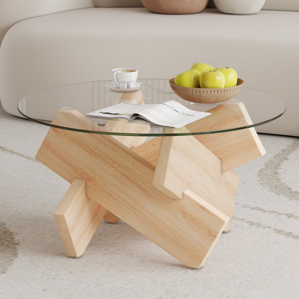 English Elm Circular Tempered Glass Round Coffee Table with Wood Tone Mdf Legs for Modern Living W1151P146792