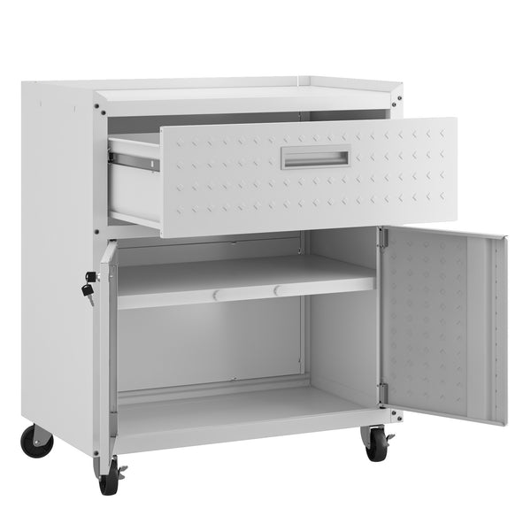 English Elm Rolling Metal Garage Cabinet with Locking Doors Diamond Texture Industrial Storage White B365P398221