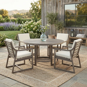 English Elm Outdoor Acacia Wood Dining Set Seats Six with Cushioned Armrest Chairs for Patio Beige+Brown N719Z000230D