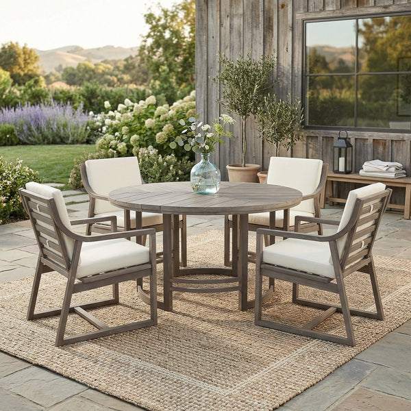 English Elm Outdoor Acacia Wood Dining Set Seats Six with Cushioned Armrest Chairs for Patio Beige+Brown N719Z000230D