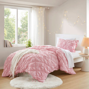 JLA Home Intelligent Design - 2PCS Floral Comforter Set with Puffy Quilting, Bow-Tie Accents & Brushed Microfiber for All-Season Coziness Pink ID10-2470