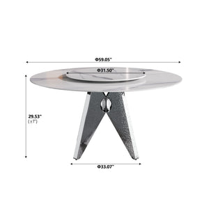 English Elm 59.05" Round Marble Dining Table With Silver Base, Durable Artificial Stone, Seats 6-8, Turntable Included W1535S00396