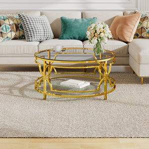 English Elm Round Tempered Glass Coffee Table with Gold Geometric Metal Base and Open Storage Shelf Transparent N735P396530K