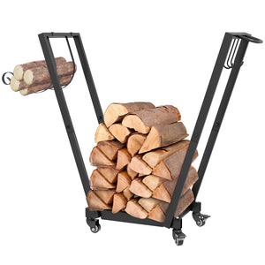 English Elm Outsunny 31" Portable Firewood Rack With Swivel Casters, Hooks & Sturdy Design For Indoor/Outdoor Use W2225P249990-GIGA