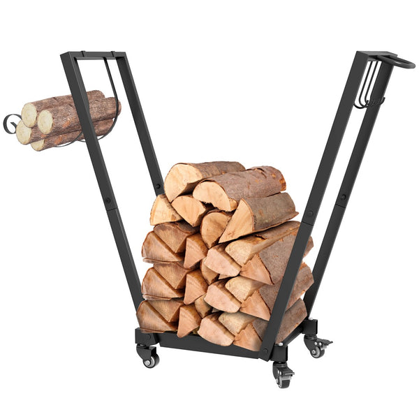 English Elm Outsunny 31" Portable Firewood Rack With Swivel Casters, Hooks & Sturdy Design For Indoor/Outdoor Use W2225P249990-GIGA