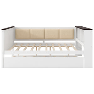English Elm Twin Pine Wood Daybed with Trundle Upholstered Backrest Storage Shelf and Usb Port N7090002233K