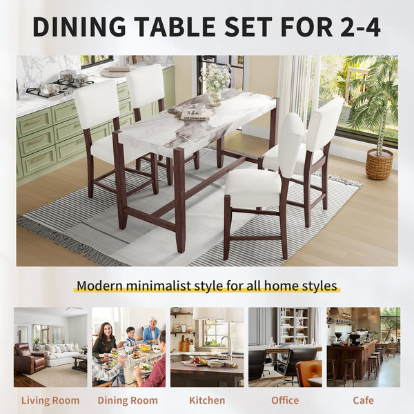 English Elm 5-Piece Faux Marble Counter Height Dining Set — 4 Upholstered Stools, Space-Saving Mid-Century Modern for Kitchen N752S011086A