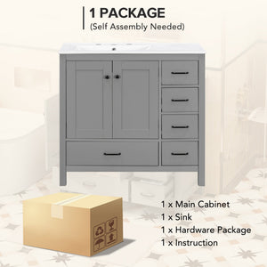 English Elm 36" Gray Bathroom Vanity with Ceramic Sink, 5 Drawers & Soft-Close Doors, Solid Wood Modern Storage N729P183735E
