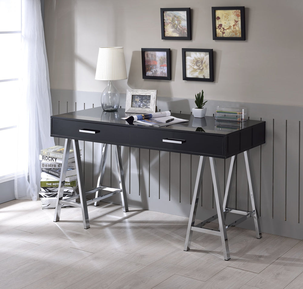 English Elm Black High Gloss Writing Desk With Usb Port – Modern Chrome Accents, Spacious & Functional Design B062P209204