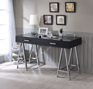 English Elm Black High Gloss Writing Desk With Usb Port – Modern Chrome Accents, Spacious & Functional Design B062P209204