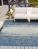 Unique Loom Outdoor Modern Ombre Machine Made Abstract Rug Blue, Ivory 10' 8" x 10' 8"