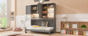 English Elm Twin Murphy Bed with Cabinet Shelves Built in Lighting Usb Ports Space Saving Wall Unit Gray LP000389AAE-1