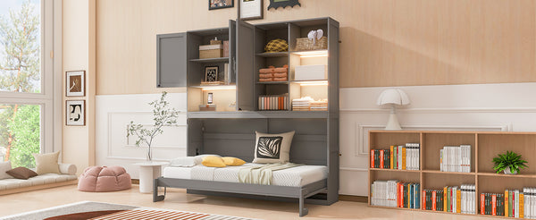 English Elm Twin Murphy Bed with Cabinet Shelves Built in Lighting Usb Ports Space Saving Wall Unit Gray LP000389AAE-1