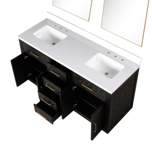 English Elm Black Oak Double Bath Vanity 60" W X 22" D With Elegant White Quartz Top & 2 Stylish Mirrors Included B2731S02138