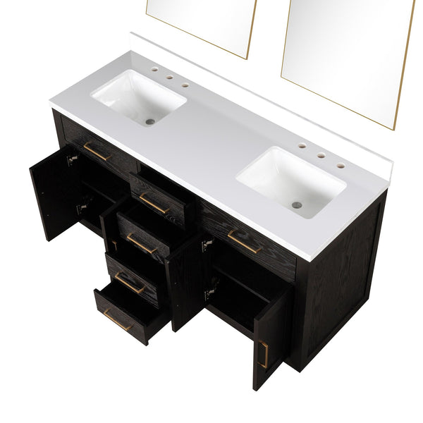 English Elm Black Oak Double Bath Vanity 60" W X 22" D With Elegant White Quartz Top & 2 Stylish Mirrors Included B2731S02138