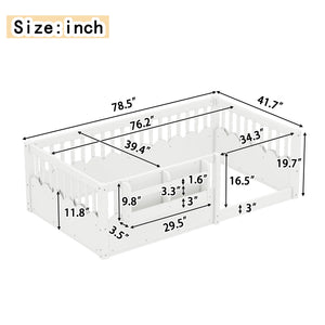 English Elm Twin Low Profile Kids Floor Bed Pine Wood Frame with Safety Rail and Built in Bookshelf White W1580P373134