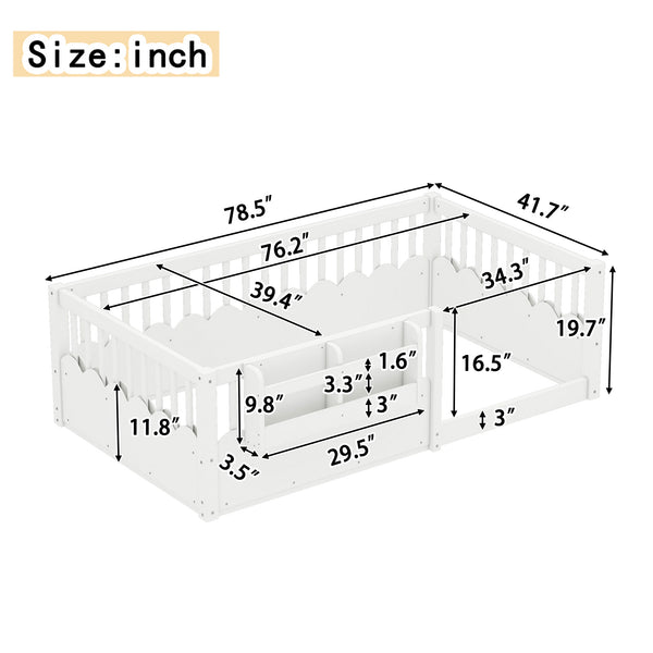English Elm Twin Low Profile Kids Floor Bed Pine Wood Frame with Safety Rail and Built in Bookshelf White W1580P373134