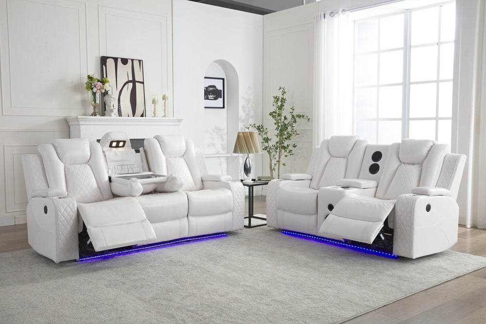 English Elm M070 Power Reclining Sofa with Led Lighting Usb Charging and Faux Leather Seating White W1805S00134