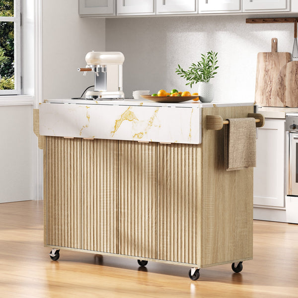 English Elm K&k Fluted Rolling Kitchen Island Faux Marble Top Power Outlet Storage Drawers Natural N707P353934Y