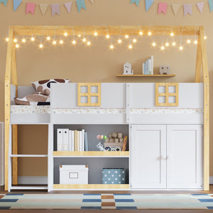 English Elm Twin-size Pine Low Loft Bed with House Canopy Step Stairs Storage Cabinet Led Lights N7090005033K