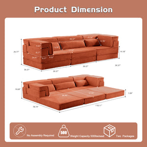 English Elm Compression Modular Sofa Bed - Oversized Convertible Sectional With Plush Fleece & 3 Pillows, Orange W3723S00018