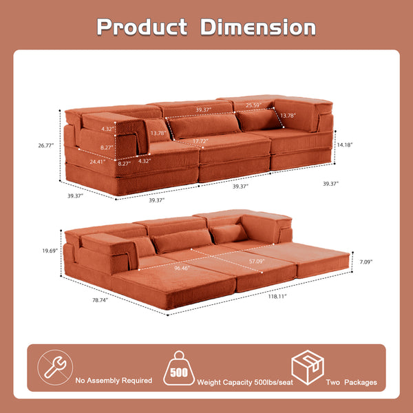 English Elm Compression Modular Sofa Bed - Oversized Convertible Sectional With Plush Fleece & 3 Pillows, Orange W3723S00018
