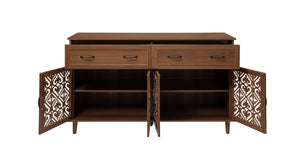English Elm 4 Door Sideboard Buffet with Hand Carved Geometric Panels Black Oak Finish Raised Legs W688P359947